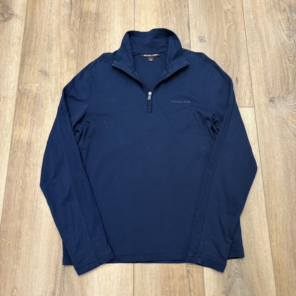 🌟MICHAEL KORS 🌟 MENS 1/4 ZIP LONG SLEEVE LOGO KNIT PULL OVER NAVY SZ M